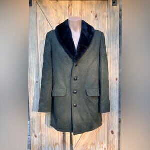 Vintage 70s Lakeland Mens Dark Green Wool Black Faux Fur Hipster Overcoat~40~